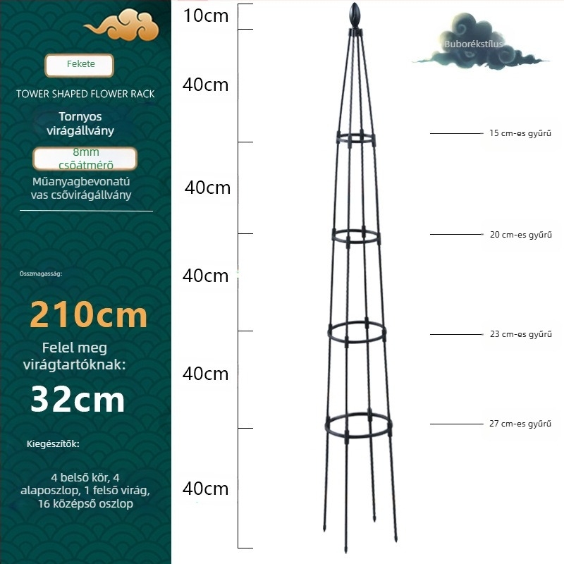 Torony típusú kültéri virágtartó műanyag bevonatú acélcsővel és gyűrűvel