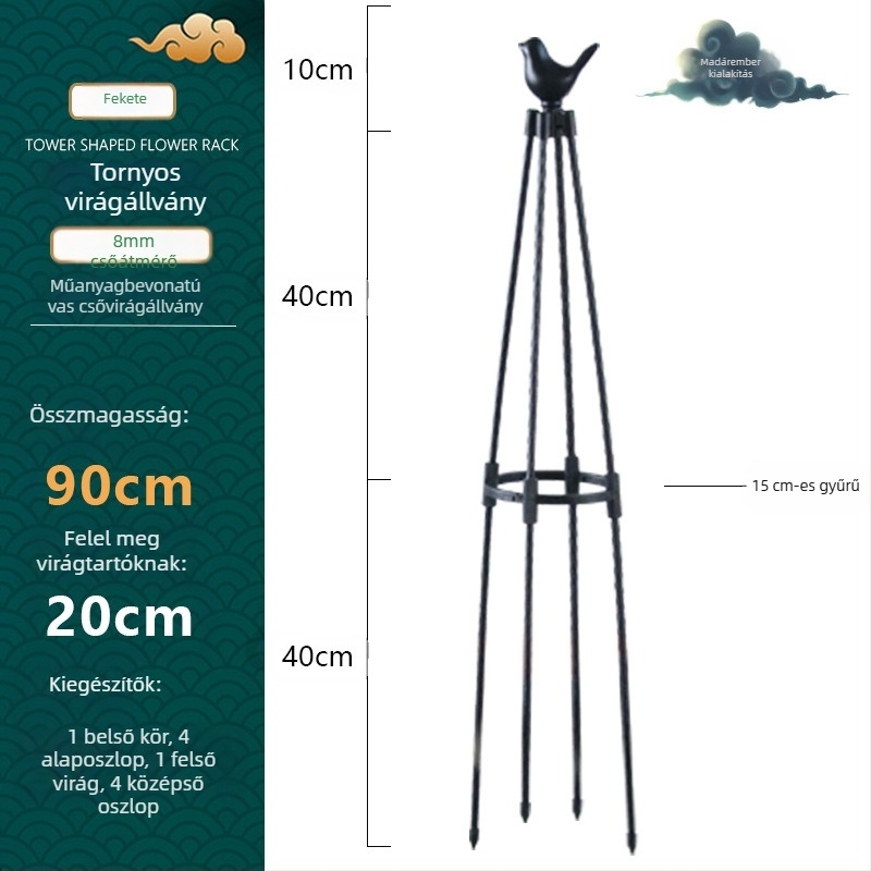 Torony típusú kültéri virágtartó műanyag bevonatú acélcsővel és gyűrűvel