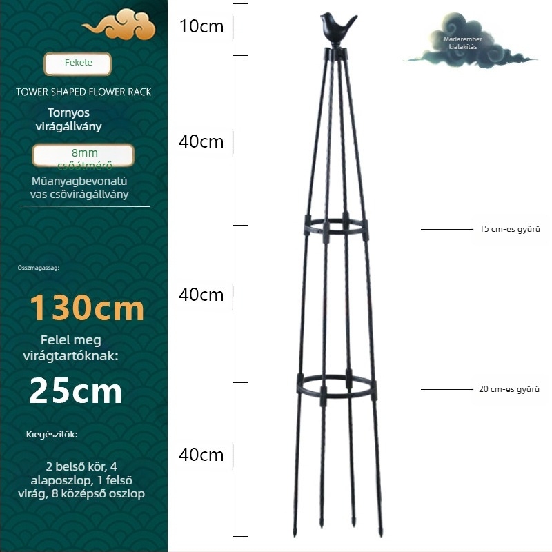 Torony típusú kültéri virágtartó műanyag bevonatú acélcsővel és gyűrűvel