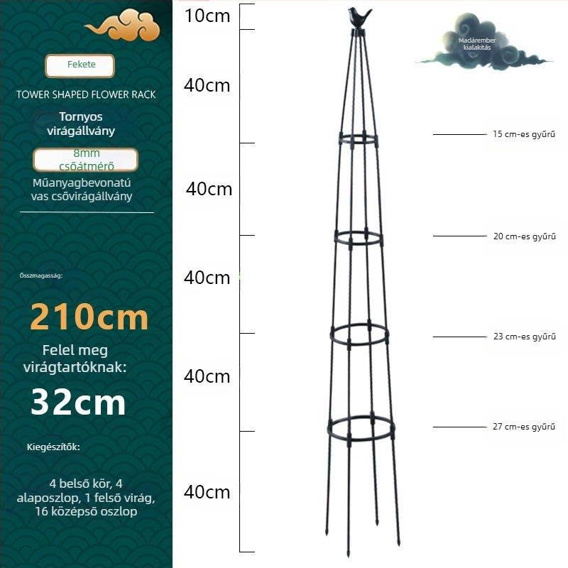 Torony típusú kültéri virágtartó műanyag bevonatú acélcsővel és gyűrűvel