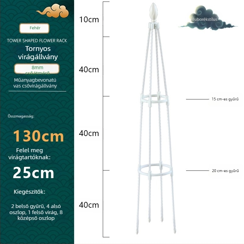 Torony típusú kültéri virágtartó műanyag bevonatú acélcsővel és gyűrűvel