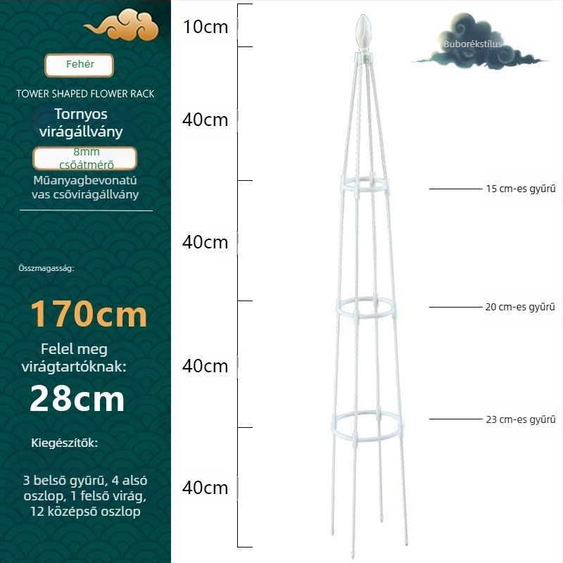 Torony típusú kültéri virágtartó műanyag bevonatú acélcsővel és gyűrűvel