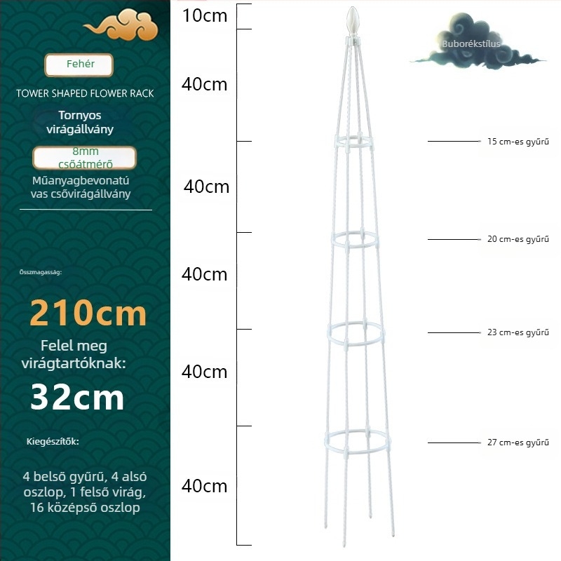Torony típusú kültéri virágtartó műanyag bevonatú acélcsővel és gyűrűvel