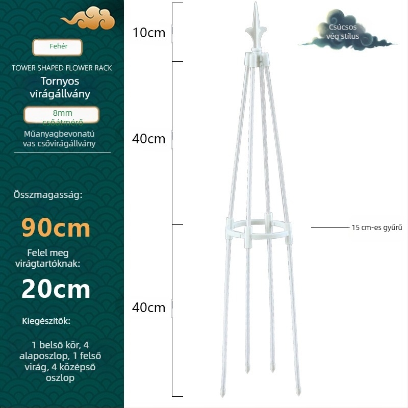 Torony típusú kültéri virágtartó műanyag bevonatú acélcsővel és gyűrűvel