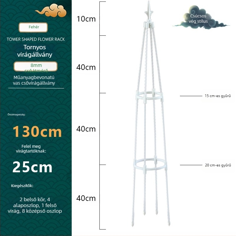 Torony típusú kültéri virágtartó műanyag bevonatú acélcsővel és gyűrűvel