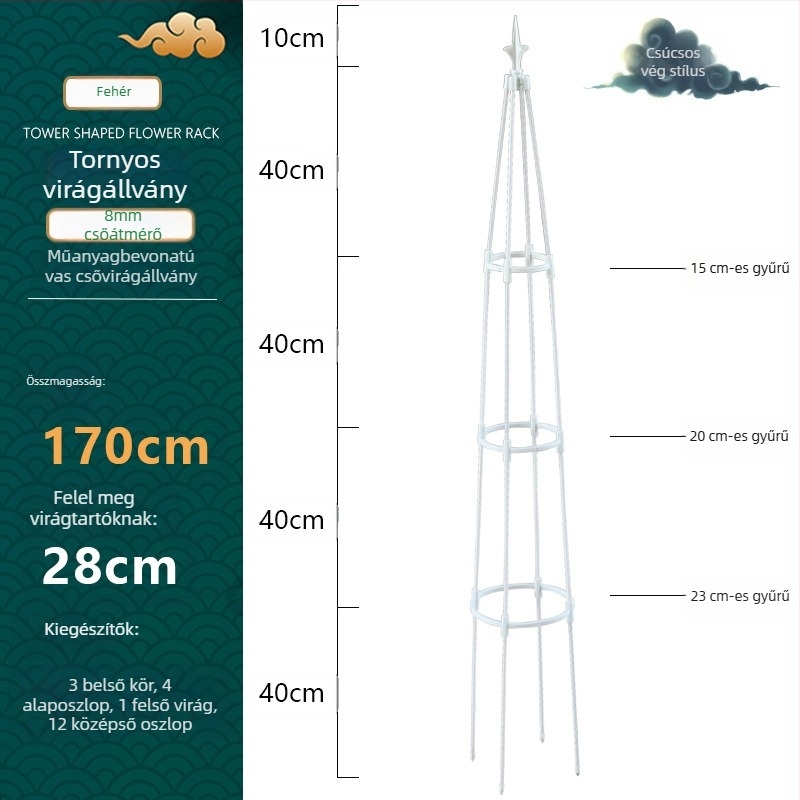 Torony típusú kültéri virágtartó műanyag bevonatú acélcsővel és gyűrűvel
