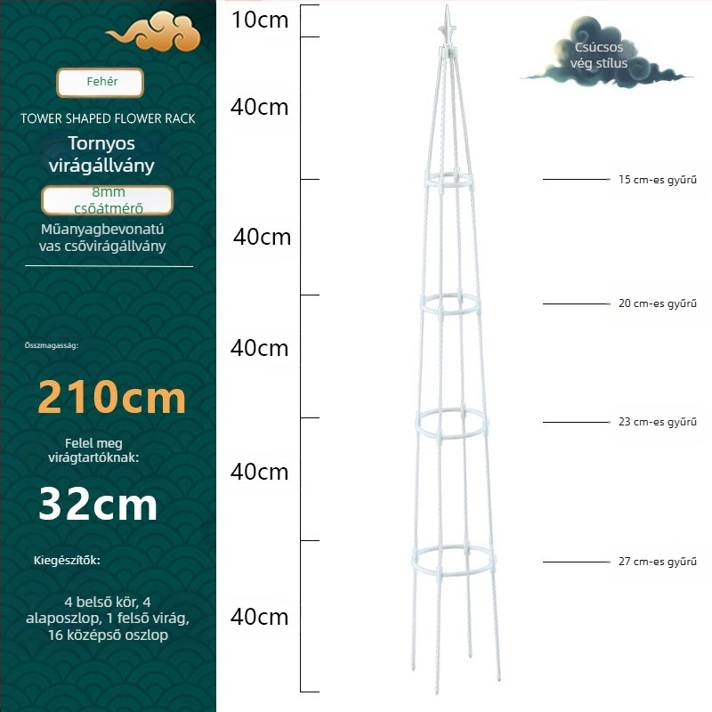 Torony típusú kültéri virágtartó műanyag bevonatú acélcsővel és gyűrűvel
