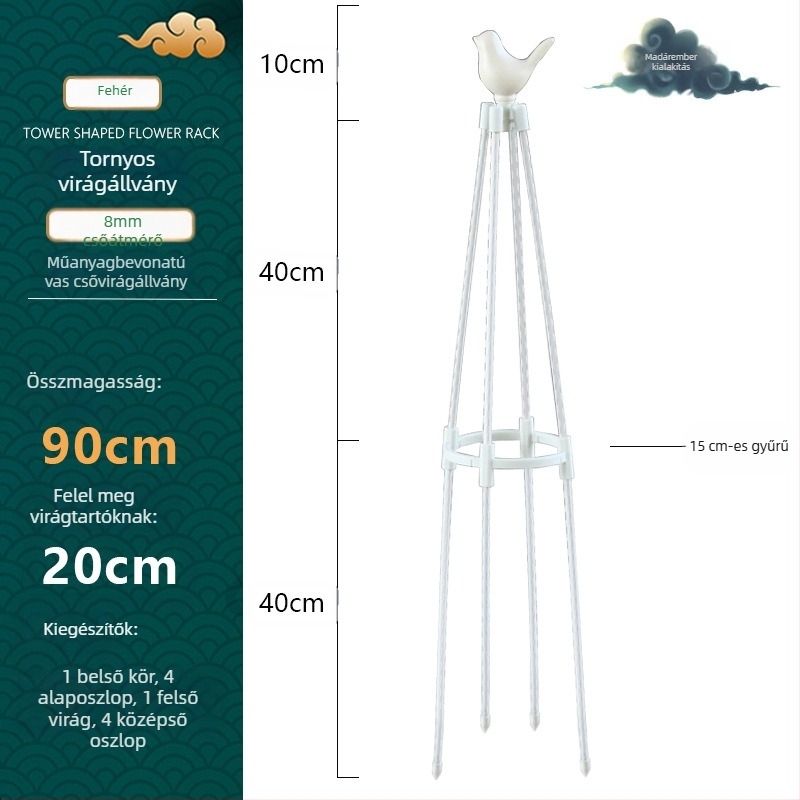 Torony típusú kültéri virágtartó műanyag bevonatú acélcsővel és gyűrűvel