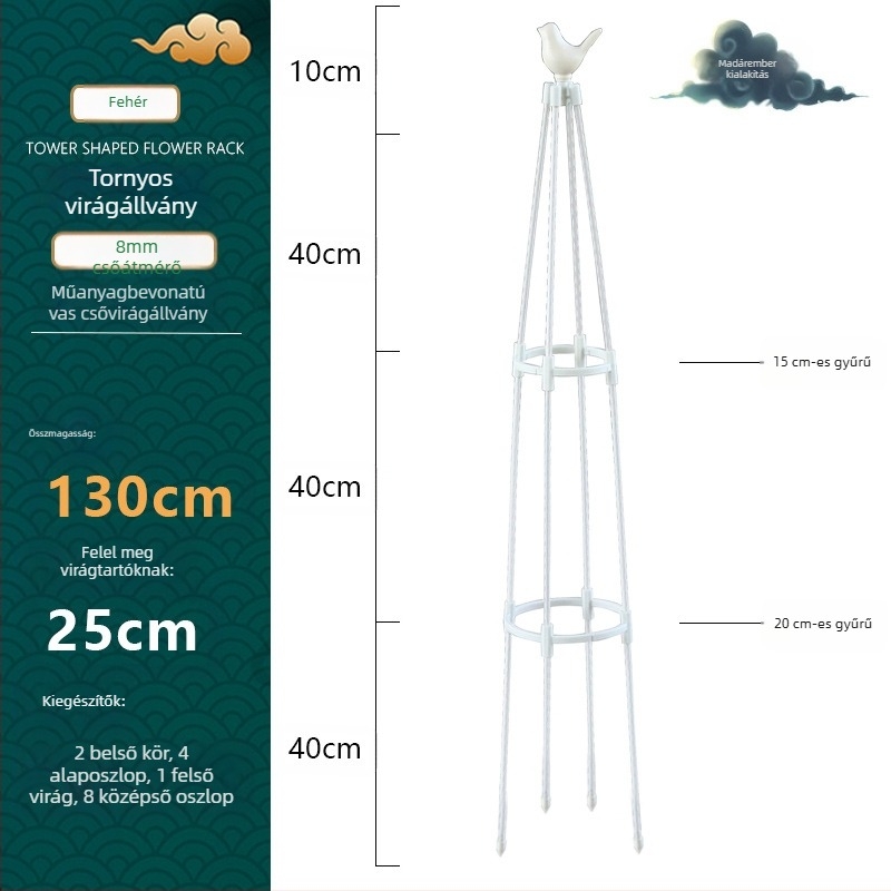 Torony típusú kültéri virágtartó műanyag bevonatú acélcsővel és gyűrűvel