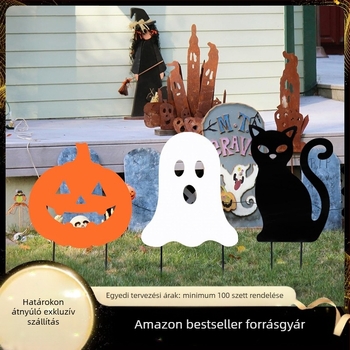 Fém Halloween-kerti jelzőtábla fényesen világító motívumokkal: koponya, szellem, tök, démon és fekete macska