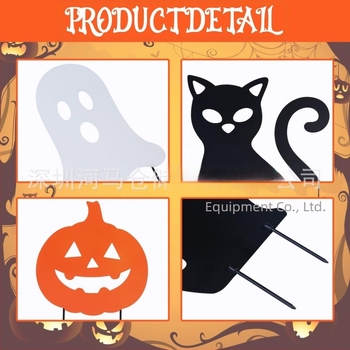 Fém Halloween-kerti jelzőtábla fényesen világító motívumokkal: koponya, szellem, tök, démon és fekete macska