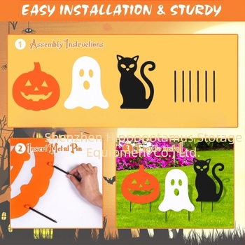 Fém Halloween-kerti jelzőtábla fényesen világító motívumokkal: koponya, szellem, tök, démon és fekete macska