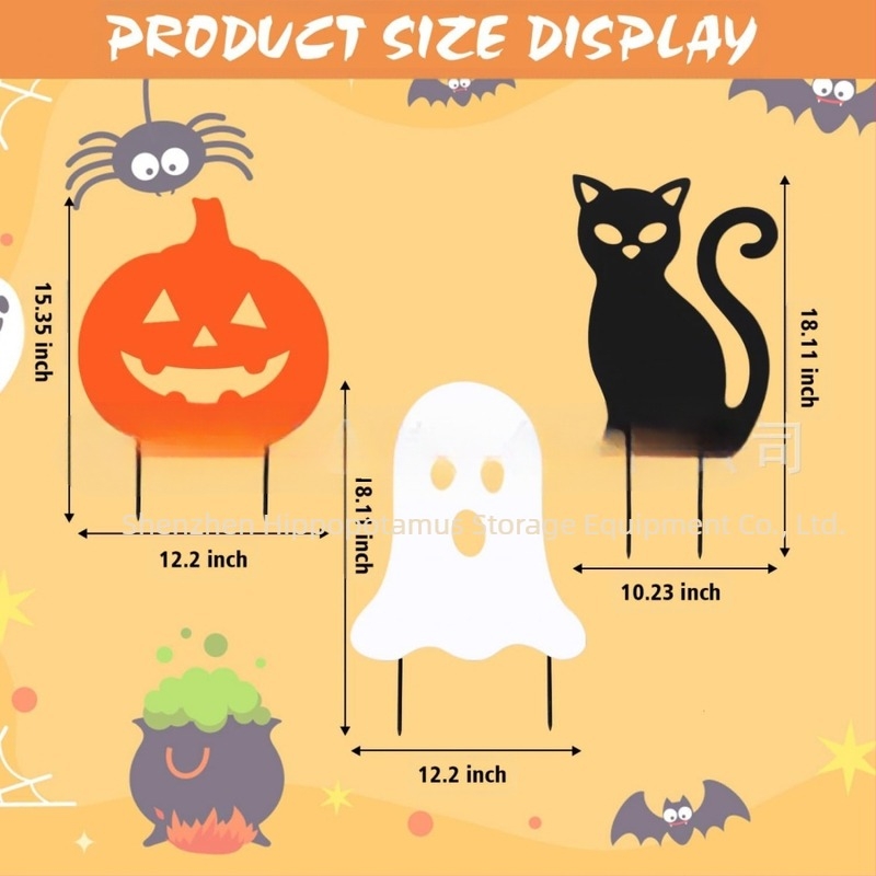 Fém Halloween-kerti jelzőtábla fényesen világító motívumokkal: koponya, szellem, tök, démon és fekete macska