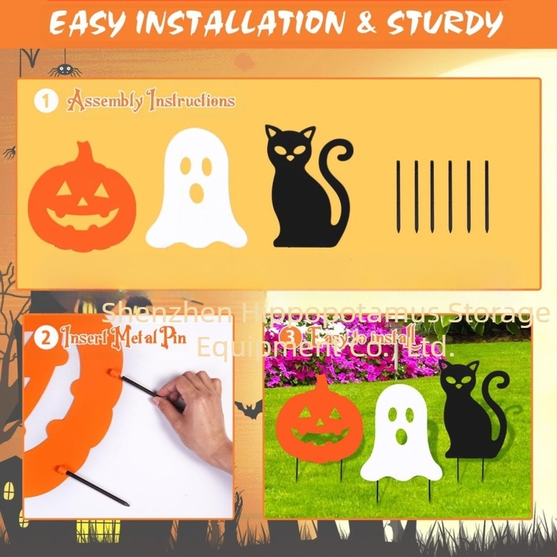 Fém Halloween-kerti jelzőtábla fényesen világító motívumokkal: koponya, szellem, tök, démon és fekete macska