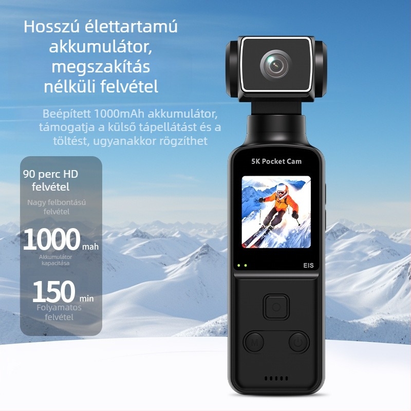 K1-5K zseb action kamera stabilizációval, 5K felvétel, LCD kijelző, TF-kártya támogatás, 900mAh akkumulátor