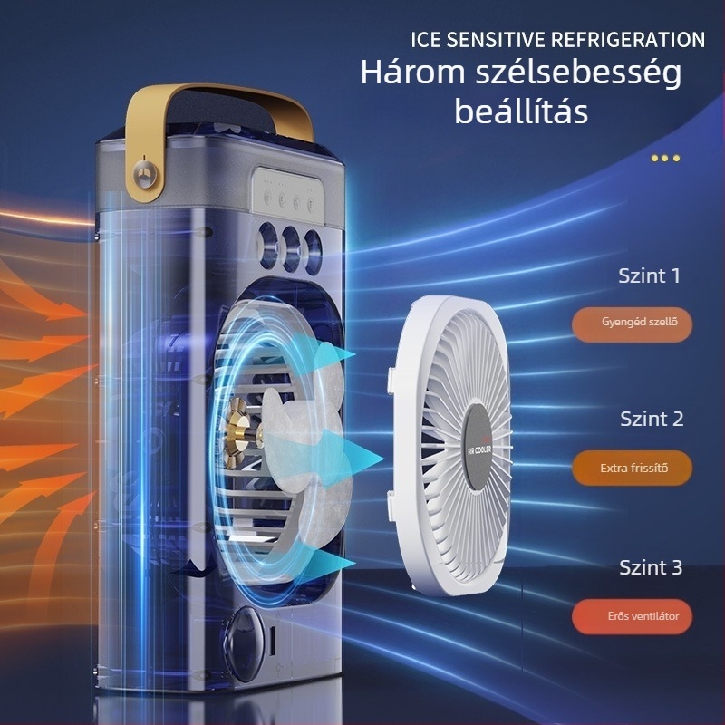 Asztali USB permetező ventilátor távirányítóval, 3 lapátos, brushless motor, beépített 4000-6000mAh akkumulátor, USB táplálás, csendes működés ≤36 dB, légáramlásért