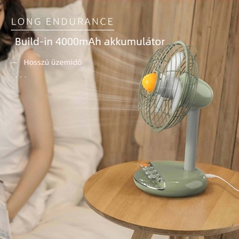 USB asztali ventilátor brushless motorral, retro dizájn, beépített akkumulátor 2000–4000 mAh, akár 12 óra üzemidő, zaj 36 dB-ig