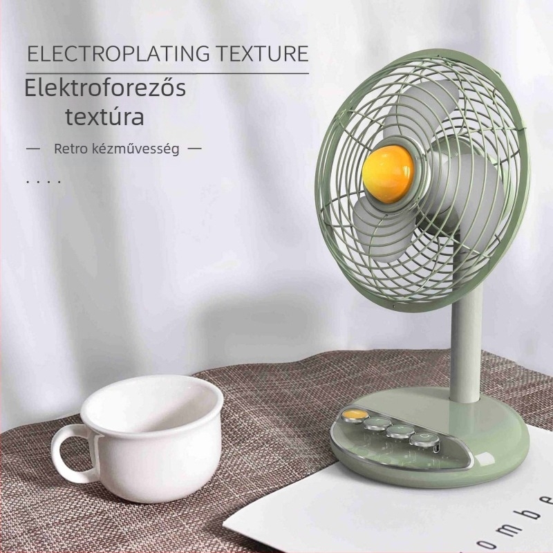 USB asztali ventilátor brushless motorral, retro dizájn, beépített akkumulátor 2000–4000 mAh, akár 12 óra üzemidő, zaj 36 dB-ig
