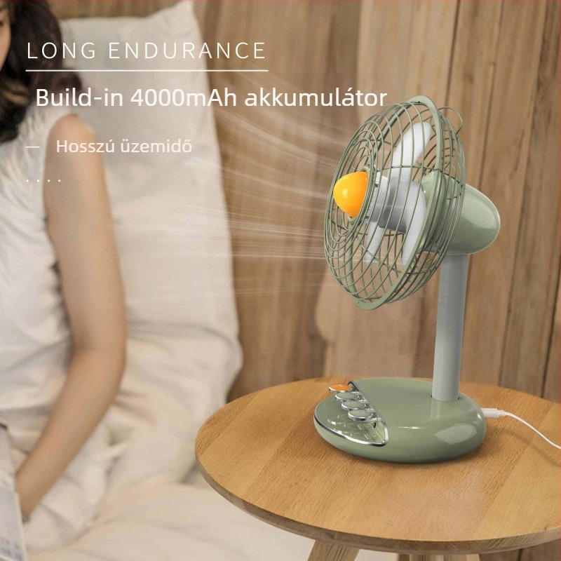 USB asztali ventilátor brushless motorral, retro dizájn, beépített akkumulátor 2000–4000 mAh, akár 12 óra üzemidő, zaj 36 dB-ig