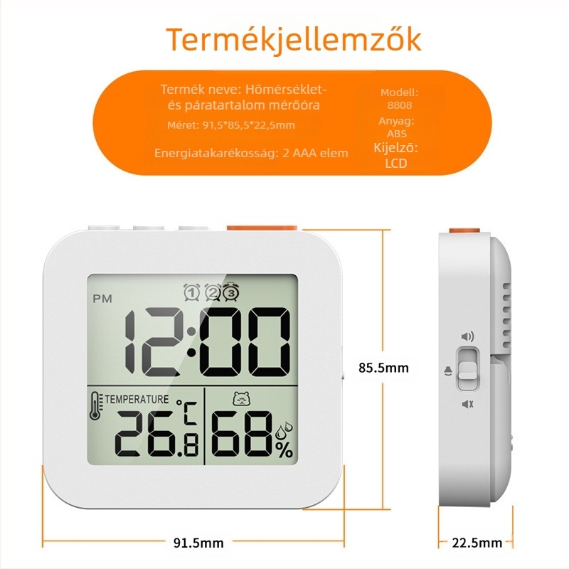 LCD kijelzős elektronikus ébresztőóra, hőmérő és higrométer, három ébresztés, akkumulátoros működés, ABS ház