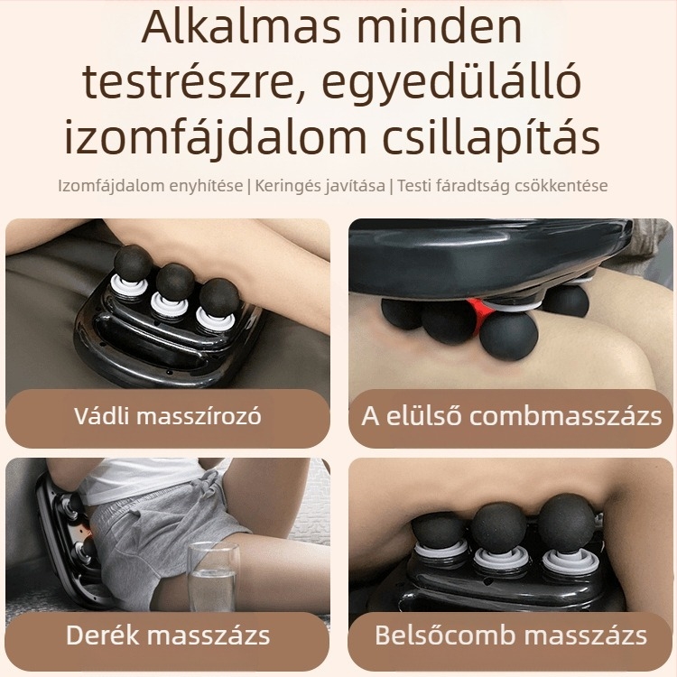 Izommasszázs pisztoly kefés motorral, 6+ fej, 5+ sebességfokozat, beépített 2000–4000 mAh akkumulátor, zaj 36 dB alatt