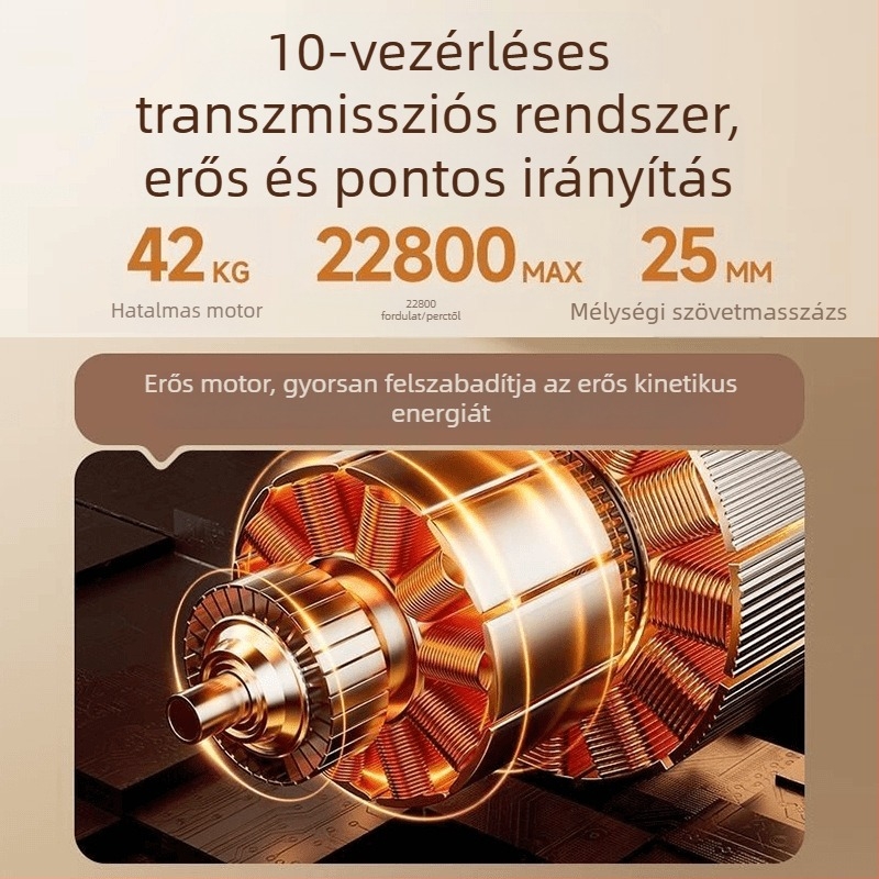 Izommasszázs pisztoly kefés motorral, 6+ fej, 5+ sebességfokozat, beépített 2000–4000 mAh akkumulátor, zaj 36 dB alatt