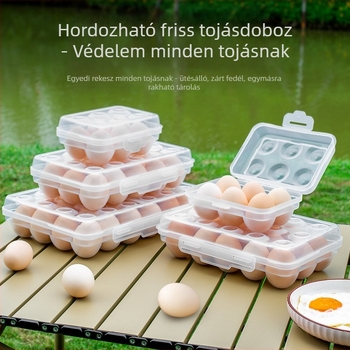 Kempingezéshez készült hordozható tojás tároló doboz, állítható tojás-tálcával, ütésálló és törésálló, minimalist dizájn, PP anyag