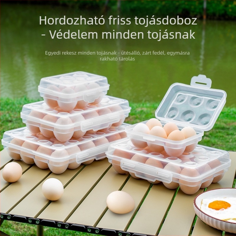 Kempingezéshez készült hordozható tojás tároló doboz, állítható tojás-tálcával, ütésálló és törésálló, minimalist dizájn, PP anyag