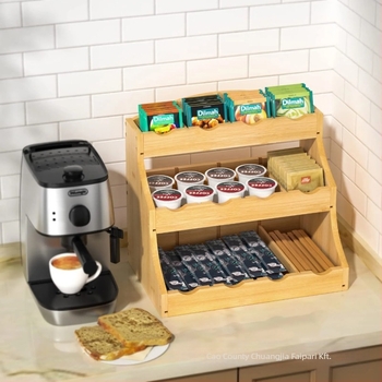 Fa falra szerelhető fa fűszertartó és kávékapszula-tároló, bambuszból, kettős rétegű kapszulatároló, háromszintes tea- és kávemutató