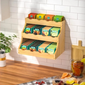Fa falra szerelhető fa fűszertartó és kávékapszula-tároló, bambuszból, kettős rétegű kapszulatároló, háromszintes tea- és kávemutató