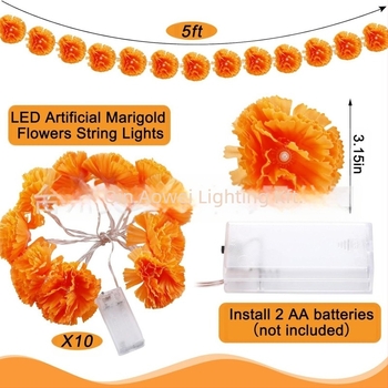 Virág alakú LED-sorfény, 10 LED, PVC burkolat, akkumulátoros tápegység, meleg fény 3000K