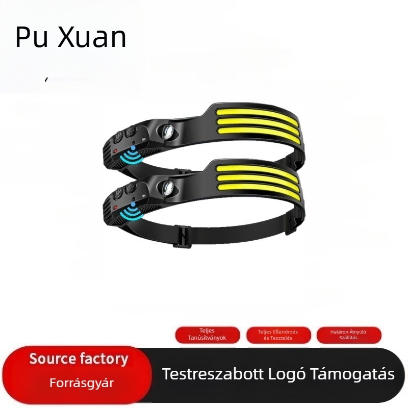 Szilikon fejfényszóró, újratölthető, fejre szerelhető munkalámpa, kettős fényforrás (LED + izzó), hatótáv 100–200 m