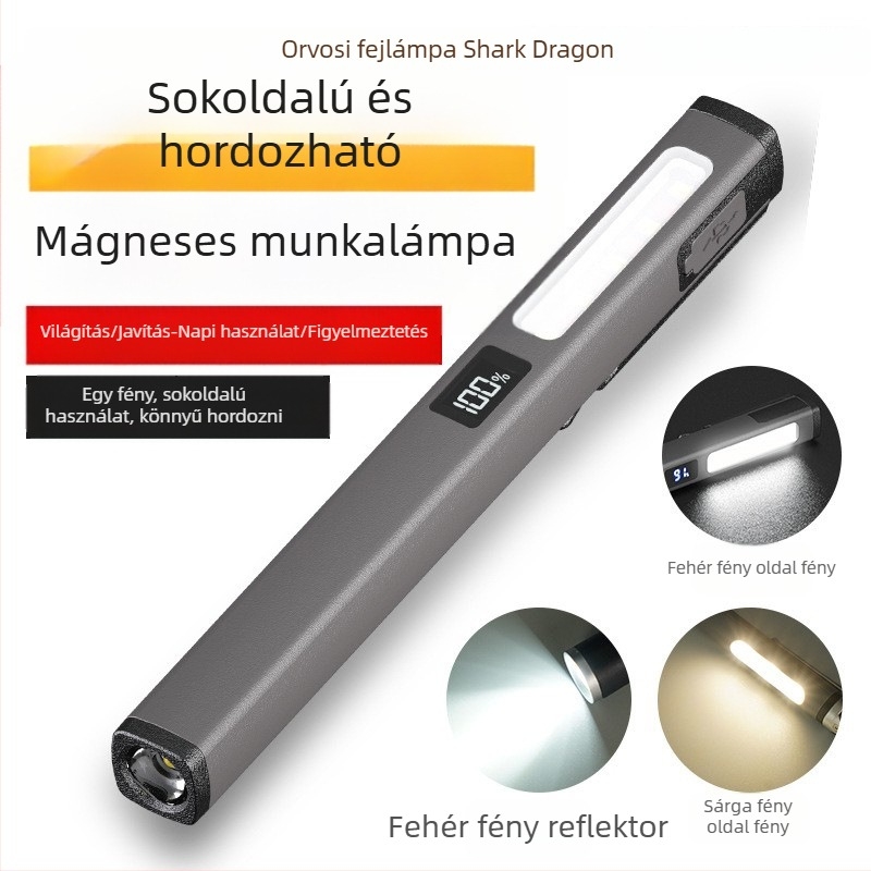 LED mini zseblámpa három LED-del, mágneses rögzítés, USB töltés, 3W, 400mAh, multifunkcionális munkalámpa