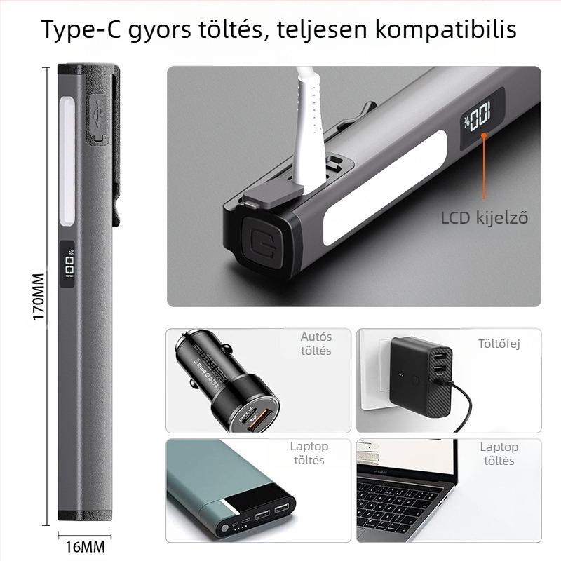 LED mini zseblámpa három LED-del, mágneses rögzítés, USB töltés, 3W, 400mAh, multifunkcionális munkalámpa