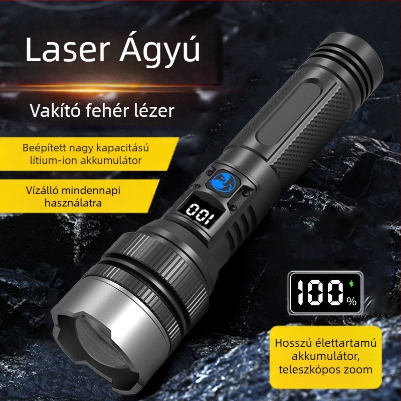 LED elemlámpa kézi tekerővel és optikai zoommal, 10W, 1800mAh, 500 m hatótávolság