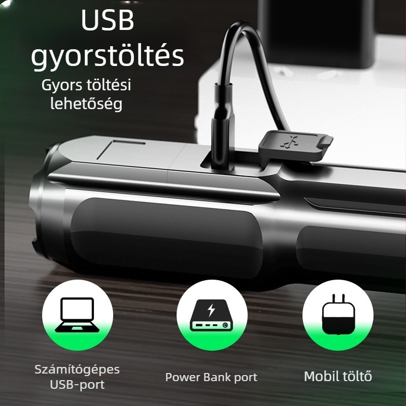 Zoomolható taktikai LED zseblámpa, újratölthető, 1800mAh akkumulátor, 100–200 m hatótáv, 360° forgás, töltő mellékelve