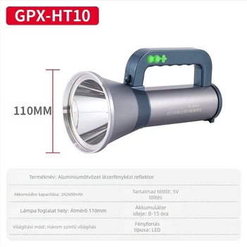 Alumíniumötvözetű LED keresőlámpa töltővel, kültéri vészvilágítás, 5200 mAh, 300 lm, hatótávolság akár 500 m