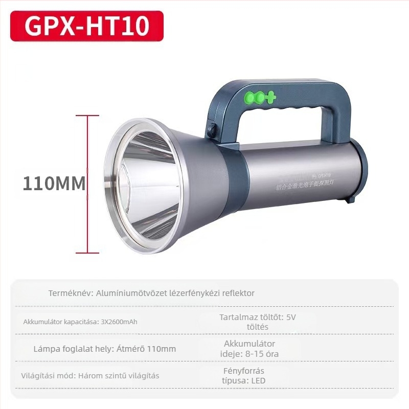 Alumíniumötvözetű LED keresőlámpa töltővel, kültéri vészvilágítás, 5200 mAh, 300 lm, hatótávolság akár 500 m