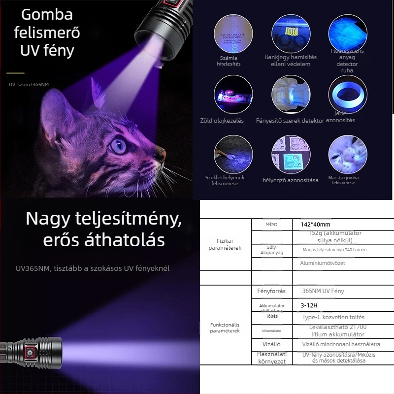 LED UV zseblámpa 365nm, Teljesítmény 30, Li-ion akkumulátor 1200mAh, Tölthető, Hatótávolság 50m