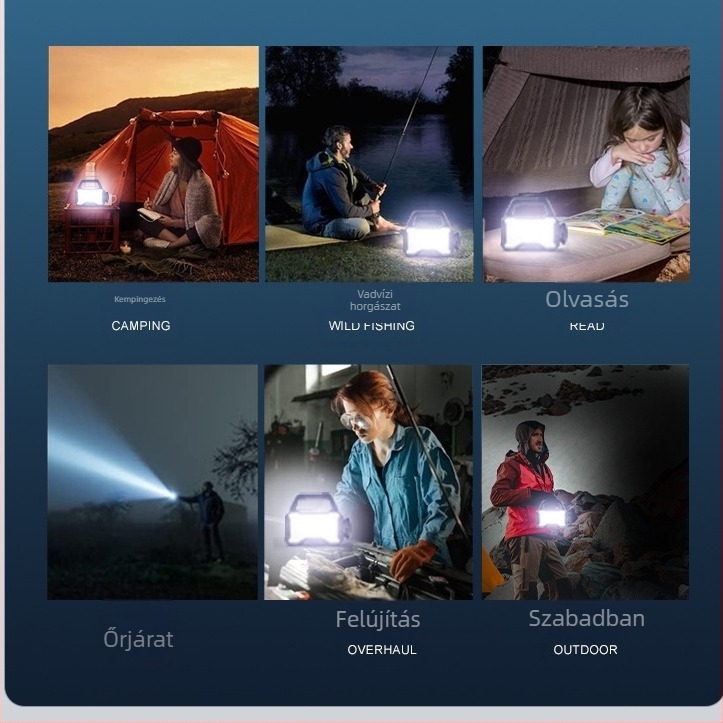 Napelemes vészkereső reflektor, hordozható kempinglámpa kettős LED-ekkel, kézi hajtású, ultra vékony kültéri világítás (>500 m hatótáv, 1200 mAh akkumulátor)