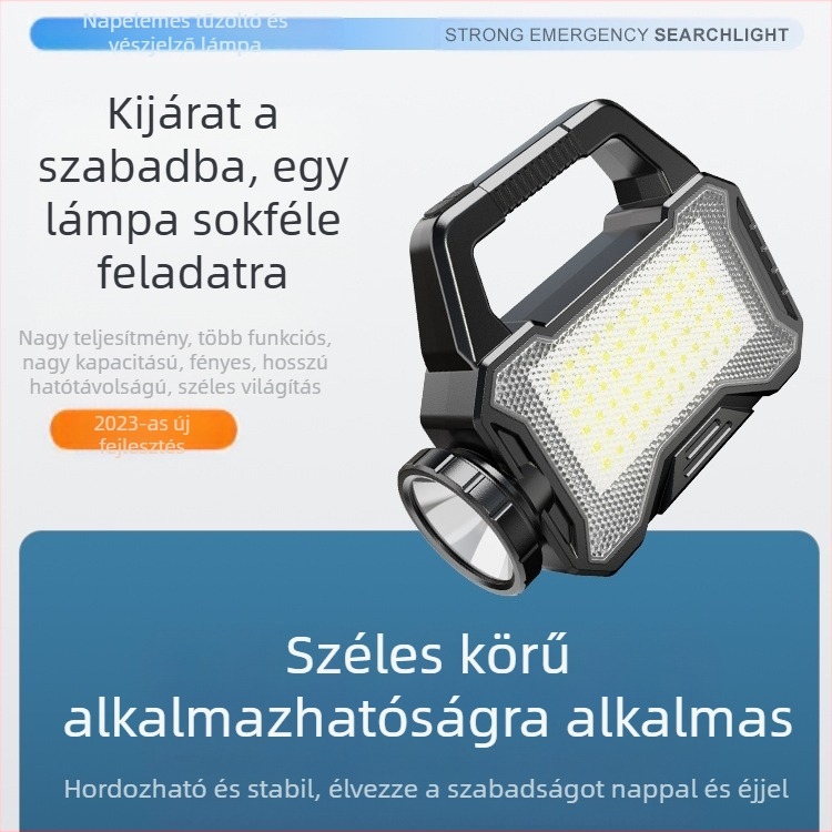 Napelemes vészkereső reflektor, hordozható kempinglámpa kettős LED-ekkel, kézi hajtású, ultra vékony kültéri világítás (>500 m hatótáv, 1200 mAh akkumulátor)