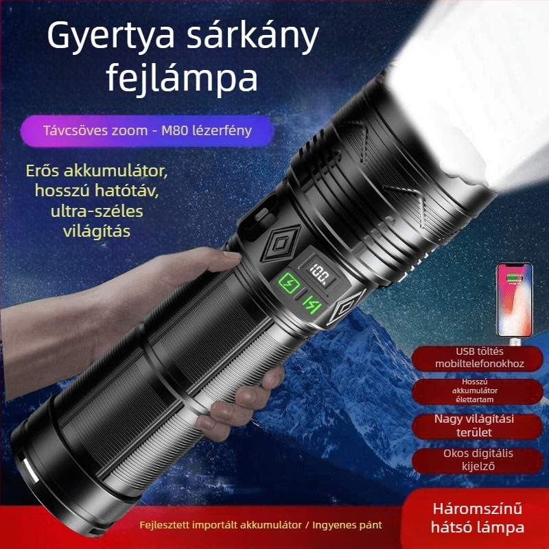 Kültéri COB LED munka lámpa, hordozható, 6000 mAh, 30 W, hatótávolság >500 m, üzemidő 4–7 óra, kézi generátorral