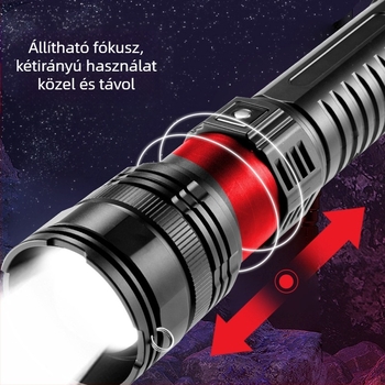Kemping LED zseblámpa: 5400 mAh akkumulátor, 20W, hatótáv >500 m, 360° forgatható, újratölthető Power Bank funkcióval