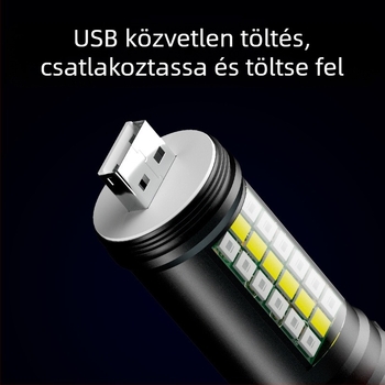 Kézi LED P60-es zseblámpa alumíniumötvözet burkolattal, teleszkópos kialakítás, USB töltés, oldalsó világítással, legfeljebb 500 lm, modell Ym-9102