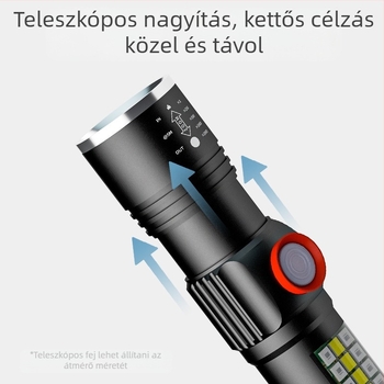 Kézi LED P60-es zseblámpa alumíniumötvözet burkolattal, teleszkópos kialakítás, USB töltés, oldalsó világítással, legfeljebb 500 lm, modell Ym-9102