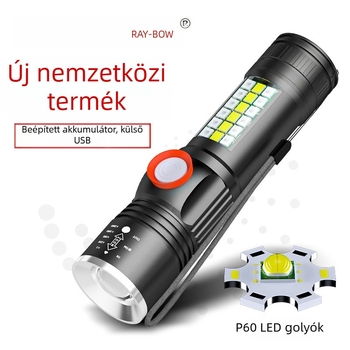 Kézi LED P60-es zseblámpa alumíniumötvözet burkolattal, teleszkópos kialakítás, USB töltés, oldalsó világítással, legfeljebb 500 lm, modell Ym-9102