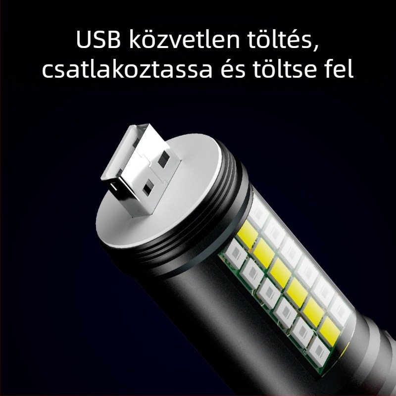 Kézi LED P60-es zseblámpa alumíniumötvözet burkolattal, teleszkópos kialakítás, USB töltés, oldalsó világítással, legfeljebb 500 lm, modell Ym-9102