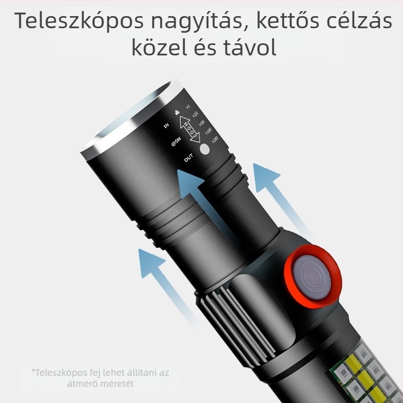 Kézi LED P60-es zseblámpa alumíniumötvözet burkolattal, teleszkópos kialakítás, USB töltés, oldalsó világítással, legfeljebb 500 lm, modell Ym-9102