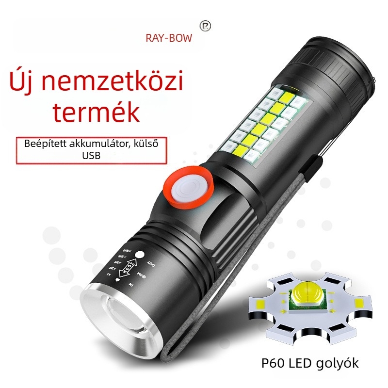 Kézi LED P60-es zseblámpa alumíniumötvözet burkolattal, teleszkópos kialakítás, USB töltés, oldalsó világítással, legfeljebb 500 lm, modell Ym-9102