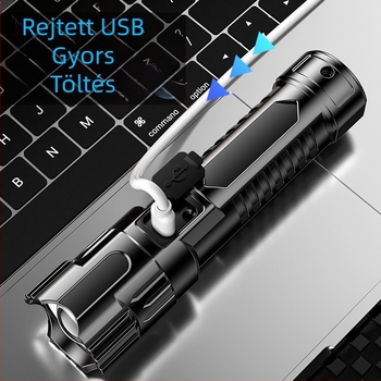 USB újratölthető zseblámpa teleszkópos zoommal és nagy flood fénnyel — LED, 800 mAh, 3.7V, ABS burkolat, hatótávolság 100–200 m, üzemidő 1–2 óra
